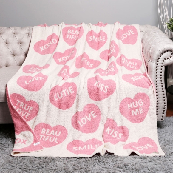 White Pink Heart Patterned Blanket Design Reversible Throw Love Notes - Picture 4 of 5
